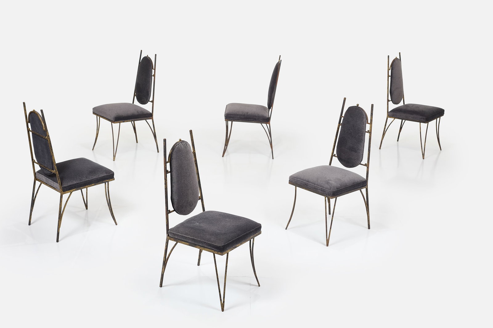 Arturo Pani, Dining Chairs (6): ARTURO PANI Set of six dining chairs, 1940s Lacquered iron, velvet. Made in Mexico. Each: 39" H x 16" W x 19.5" D Seat height: 18" 