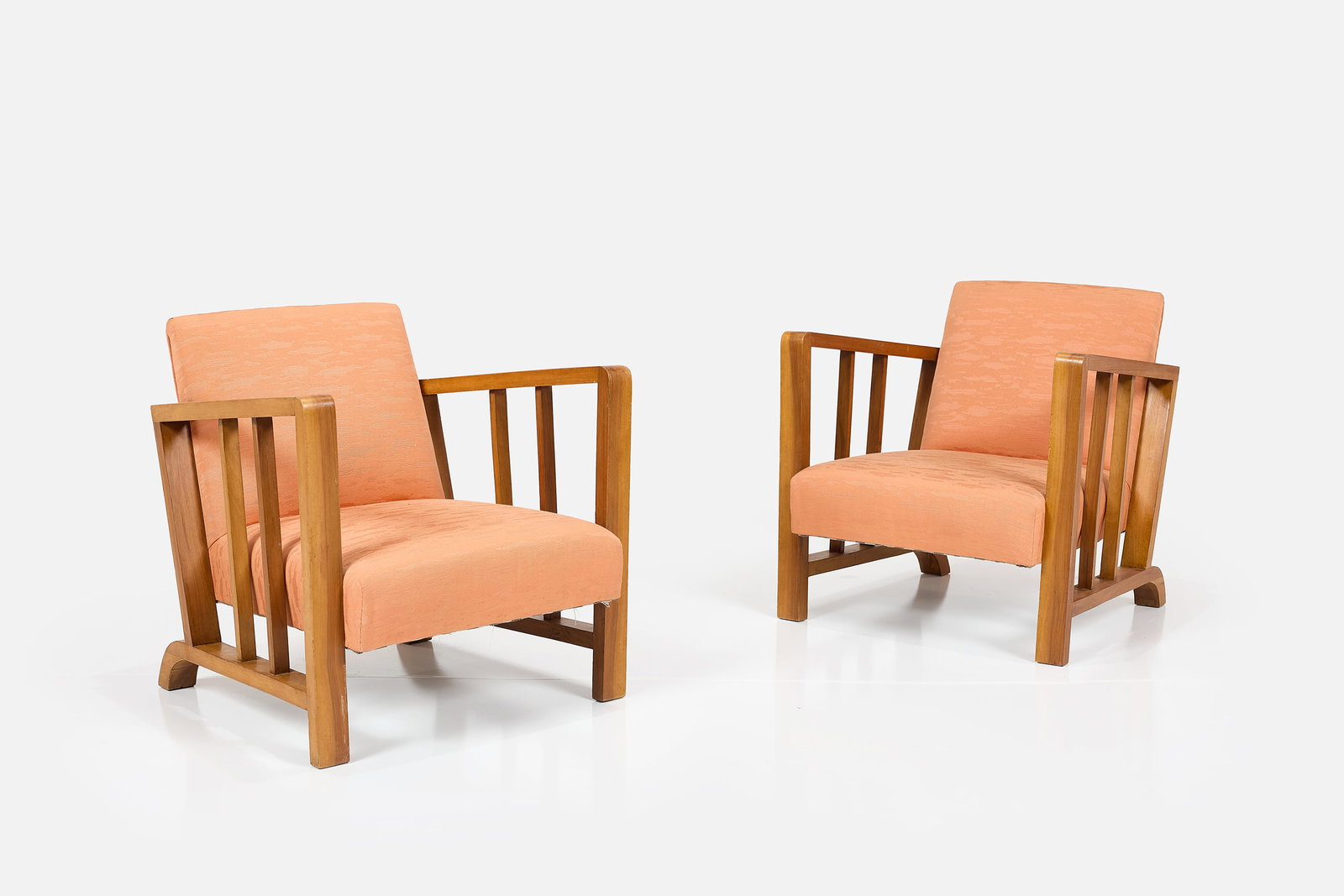 Paolo Buffa, Petite Lounge Chairs (2): PAOLO BUFFA Pair of petite lounge chairs, 1940s Walnut, fabric. Made in Italy. Each: 24.5" H x 24.5" W x 24" D Seat height: 12" 