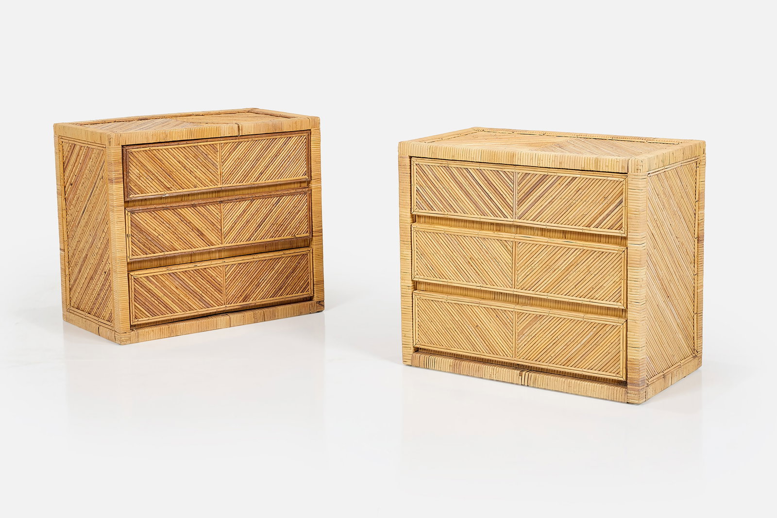 Gabriella Crespi Style, Nightstands (2): GABRIELLA CRESPI STYLE Pair of nightstands, 1970s Pencil rattan, cane, wood. Each: 26.25" H x 30" W x 17" D 