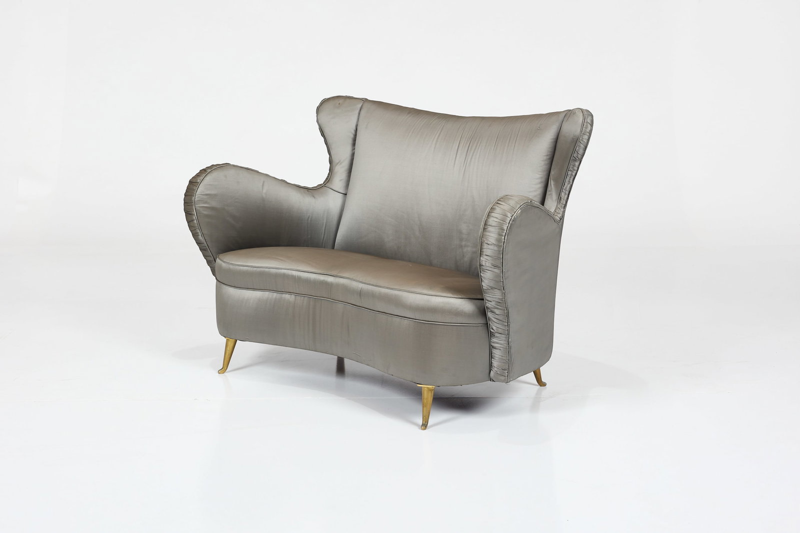 Italian, Settee: ITALIAN Settee, 1950s Silk, lacquered metal. 33" H x 49" W x 27.5" D Seat height: 15.5" 