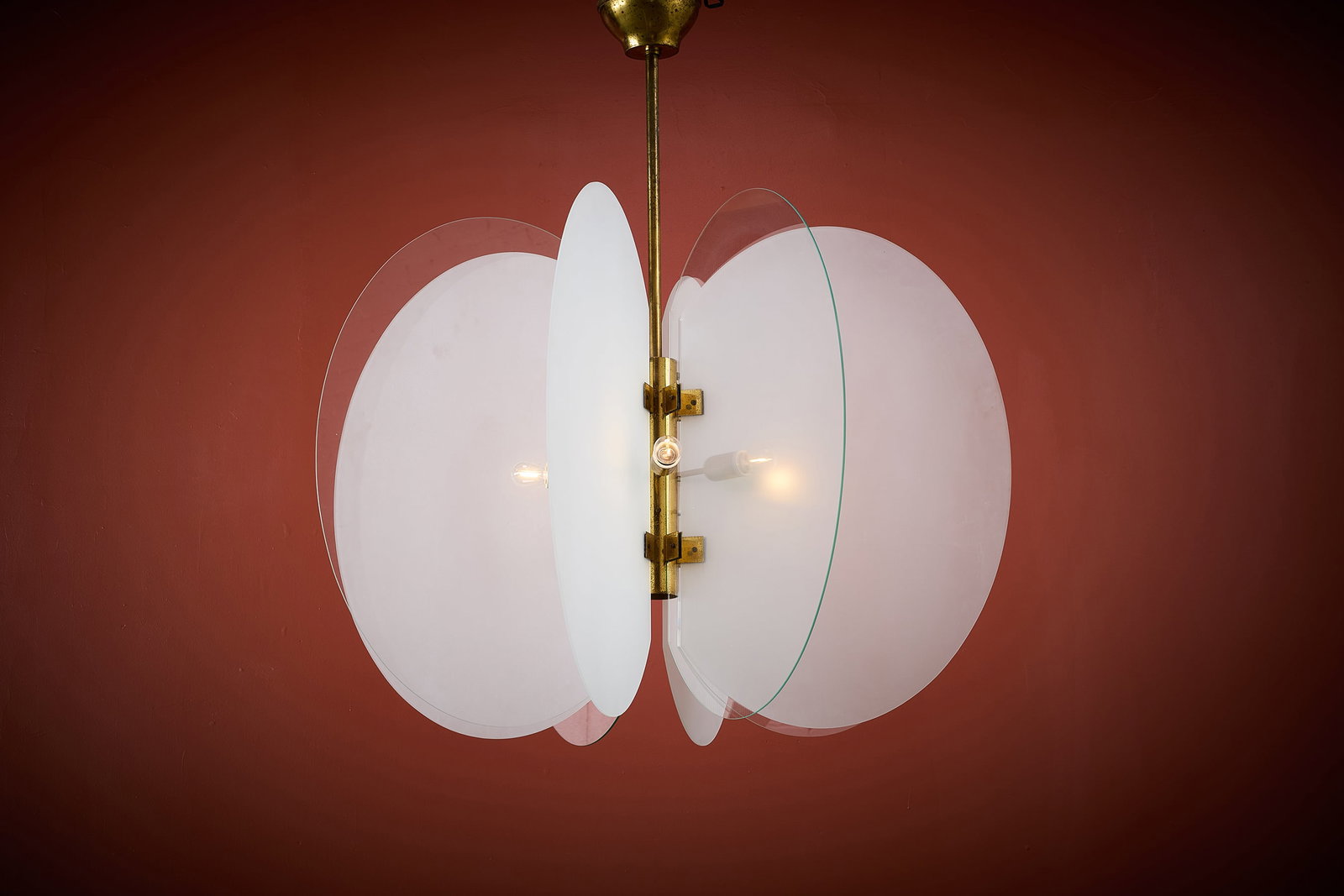 Italian, Large Chandelier: ITALIAN Chandelier, 1960s Frosted glass, glass, brass. 53" H x 46" Diameter 
