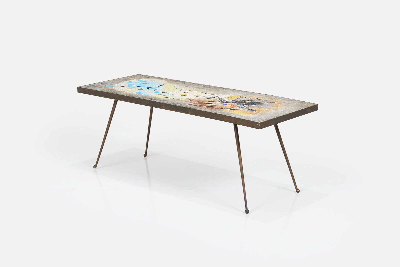 Luciano Gaspari, Mosaic Coffee Table: LUCIANO GASPARI Mosaic coffee table, 1950s Brass, marble, glass. Made in Italy. One tile signed "CARTONE GASPARI MOSAICO SALVIATI". 17.5" H x 48" W x 18" D 