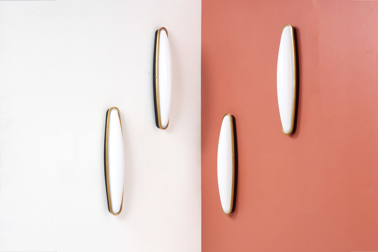 Dimoremilano, 'Pamplona' Sconces (4): DIMOREMILANO Set of four 'Pamplona' sconces, 2015 Brass, opaque perspex, lacquered metal. Produced by Dimoremilano, Italy. Each: 27.5" H x 4.75" W x 5" D 