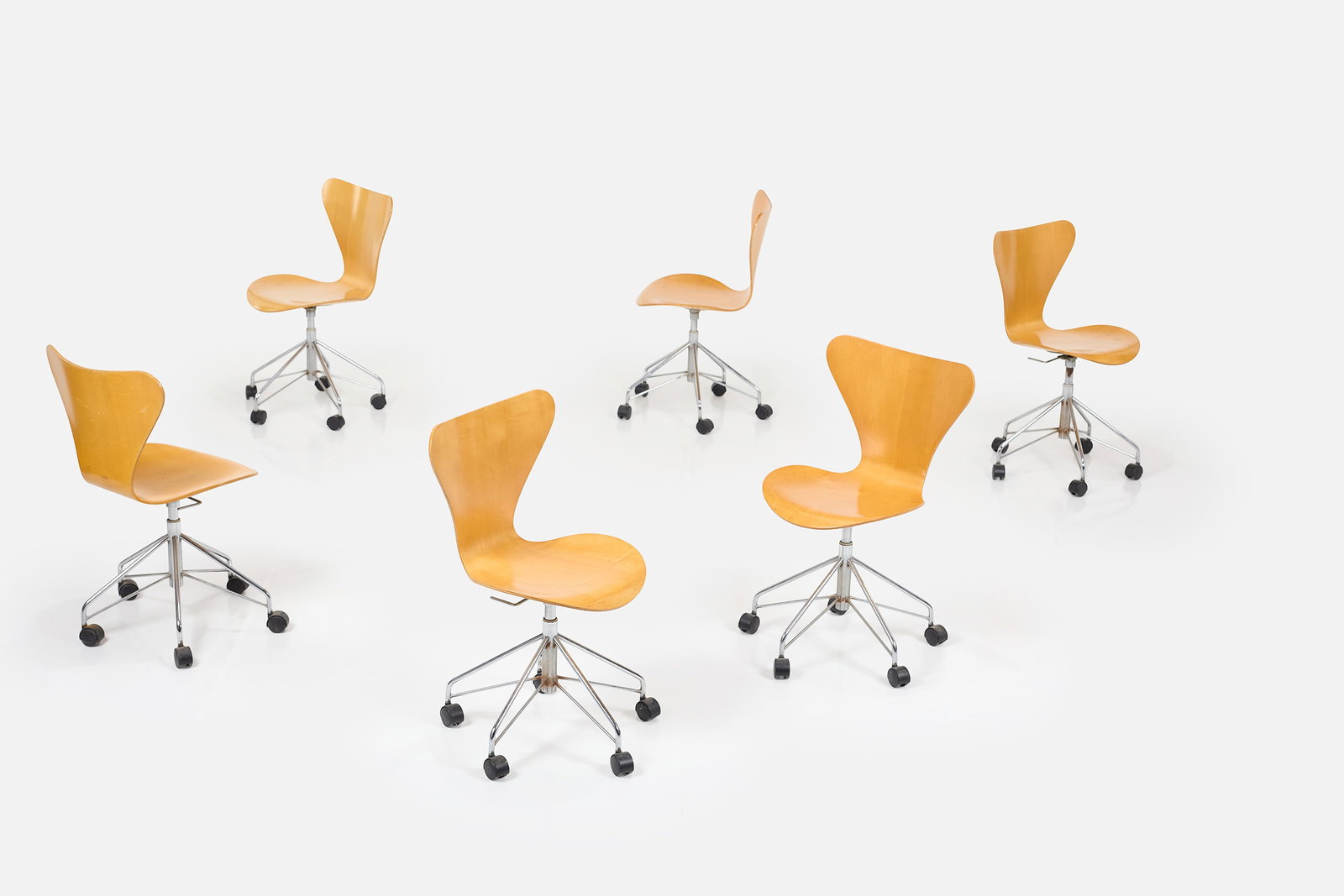 Arne Jacobson Style, 'Series 7' Chairs (6): ARNE JACOBSEN STYLE Set of six 'Series 7' chairs, ca. 2000 Beech-veneered plywood, chrome-plated steel, plastic. Each: 32.5" H x 18" W x 22" D Seat height: