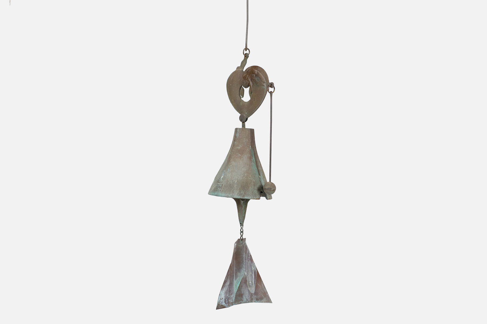 Paolo Soleri, Windbell: PALO SOLERI Windbell, 1980s Bronze, copper. Made at Arcosanti, Mayer, AZ. Bell element with Arcosanti cipher and Ronald MacDonald House logo. This bell was specially designed as a celeb