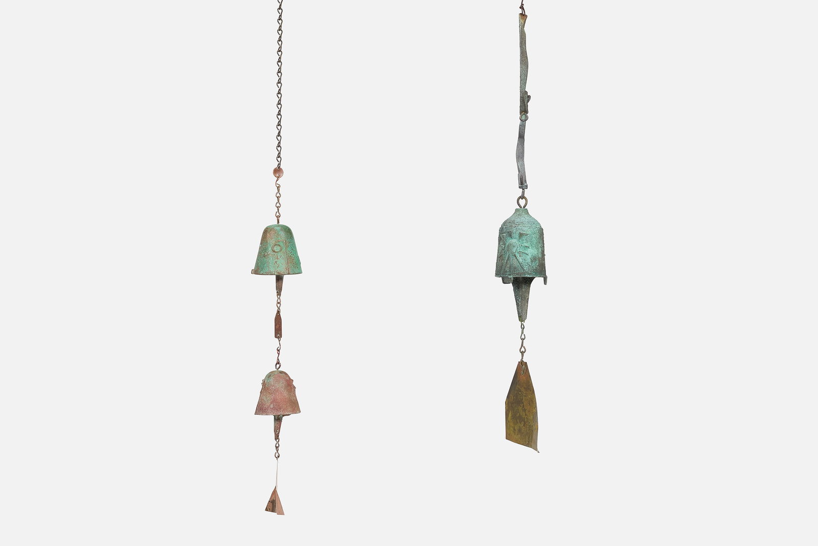 Paolo Soleri, Windbells (2): PAOLO SOLERI Two windbells, late 20th century. Bronze, copper. Produced at Arcosanti, Mayer, AZ. With applied maker's mark. 13" H x 4" Diameter 12" H x