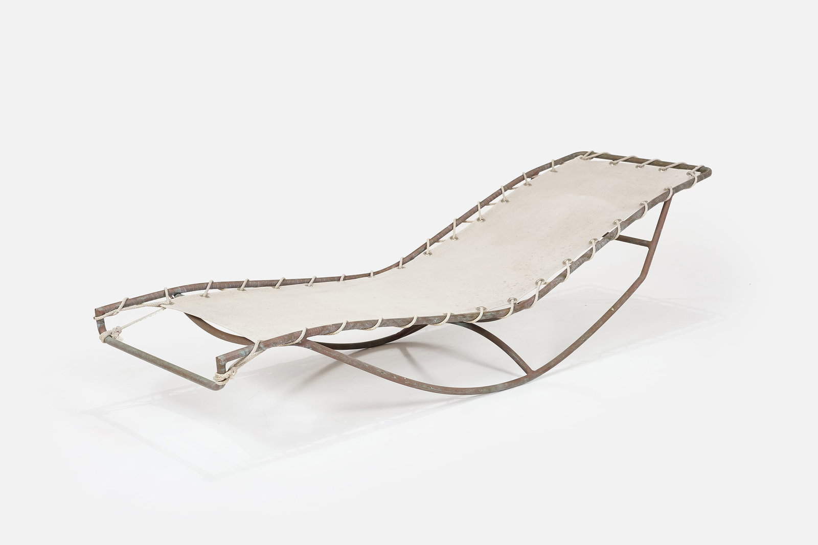 Walter Lamb, 'Waikiki' Rocking Chaise Lounge: WALTER LAMB 'Waikiki' rocking chaise lounge, 1960s Bronze, canvas, yacht cord. Produced by Brown Jordan, USA. 18" H x 21" W x 69" D 