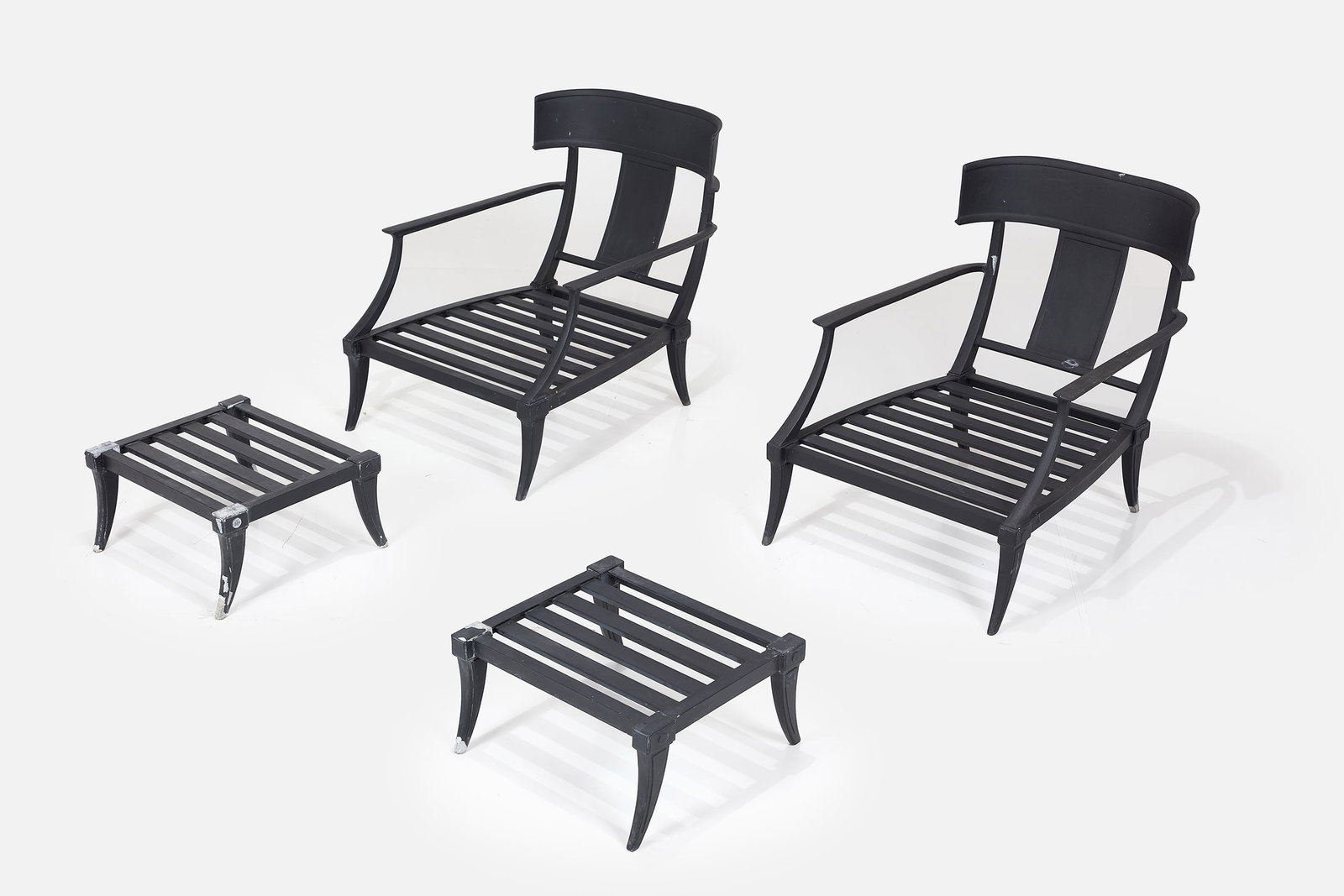 Contemporary, 'Klismos' Lounge Chairs + Ottomans (4): CONTEMPORARY Pair of 'Klismos' lounge chairs and ottomans, 2000s Powder-coated aluminum, fabric. Manufactured by Restoration Hardware, USA. Each lounge chair: 32.5" H x