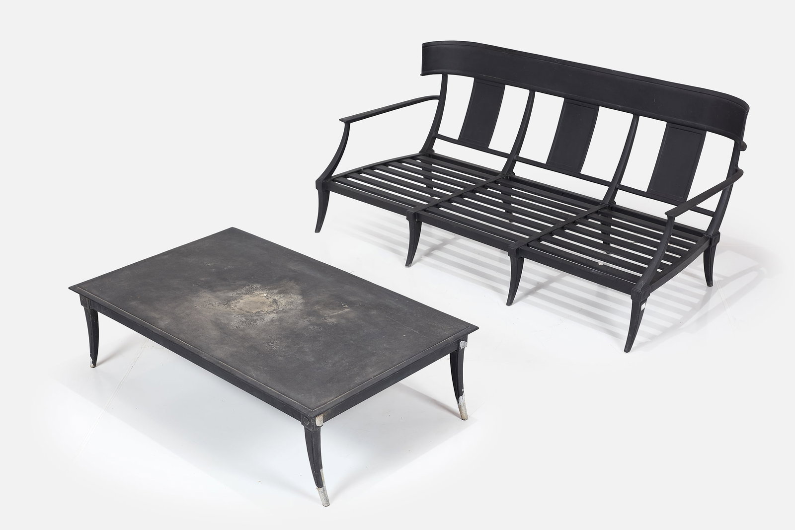 Contemporary, 'Klismos' Sofa + Coffee Table (2): CONTEMPORARY Pair of 'Klismos' chaise lounges, 2000s Powder-coated aluminum, fabric. Manufactured by Restoration Hardware, USA. Sofa: 32.5" H x 76" W x 35" D Seat