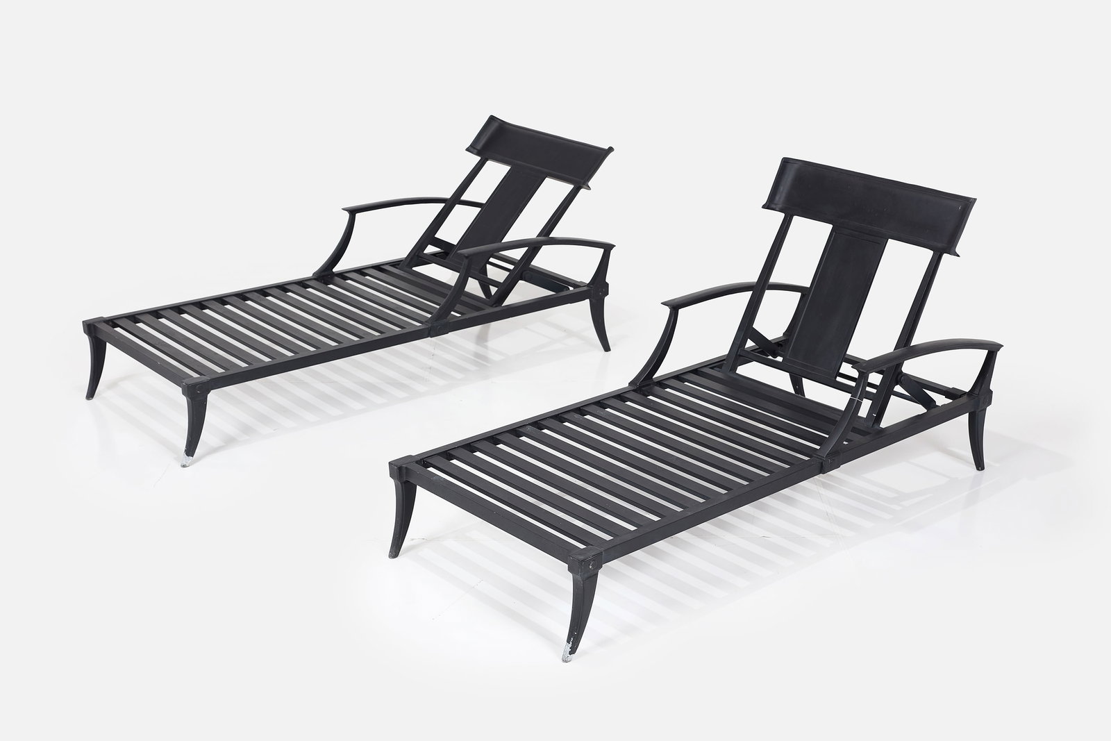 Contemporary, 'Klismos' Chaise Lounges (2): CONTEMPORARY Pair of 'Klismos' chaise lounges, 2000s Powder-coated aluminum, fabric. Manufactured by Restoration Hardware, USA. Each: 36" W x 31" W x 75" D 