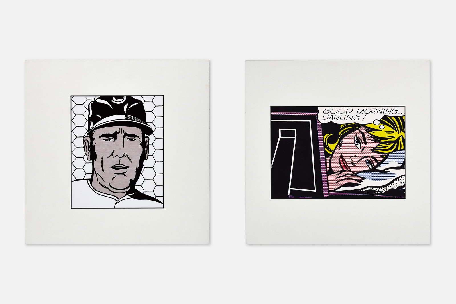 Roy Lichtenstein, Promotional Prints (2): ROY LICHTENSTEIN 'Good Morning Darling' and 'Baseball Manager', 1987 Glossy offset lithograph in colors. Promotional prints for Art Basel. Each from the edition of