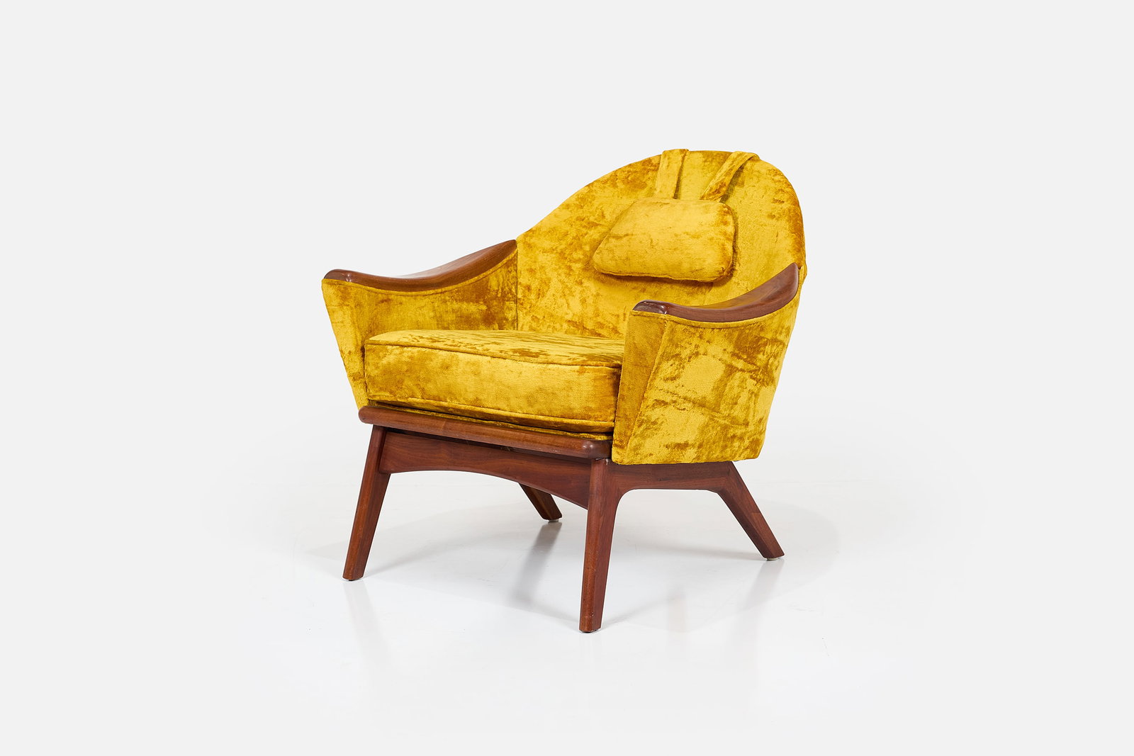 Adrian Pearsall, Lounge Chair: ADRIAN PEARSALL Lounge chair, 1960s Walnut, crushed velvet. Produced for Craft Associates, USA. 28.5" H x 30" W x 29" D 
