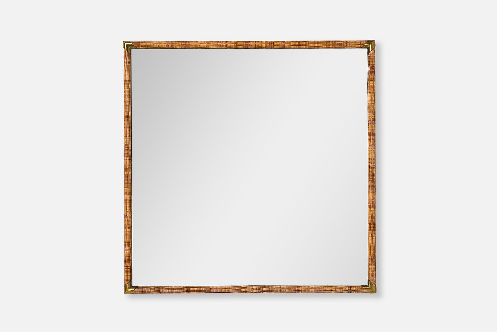 T.H. Robsjohn-Gibbings, Wall Mirror: T.H. ROBSJOHN-GIBBINGS Wall mirror, ca. 1950 Mirrored glass, woven cane, brass. Manufactured by Widdicomb, USA. 33.5" H x 33.5" W 