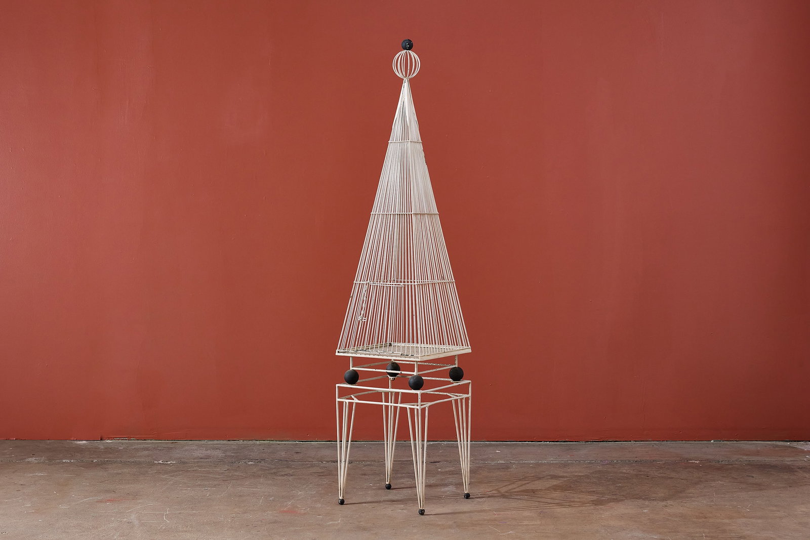 Frederick Weinberg, Standing Birdcage: FREDERICK WEINBERG Standing birdcage, 1960s Lacquered iron. Produced in the USA. 73.5" H x 16" W x 16" D 