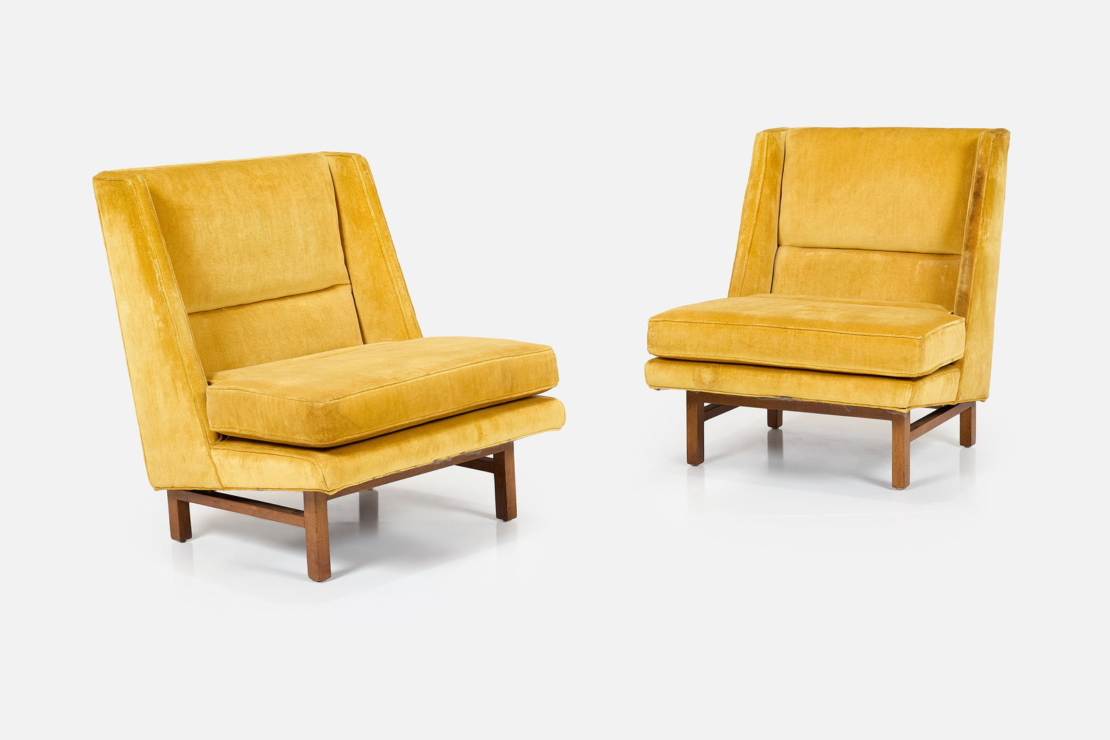 Edward Wormley, Lounge Chairs (2): EDWARD WORMLEY Pair of lounge chairs, 1950s Walnut, velvet. Manufactured by Dunbar, USA. Each: 32" H x 28" W x 28" D Seat height: 15.75" Provenance: Rago Arts,