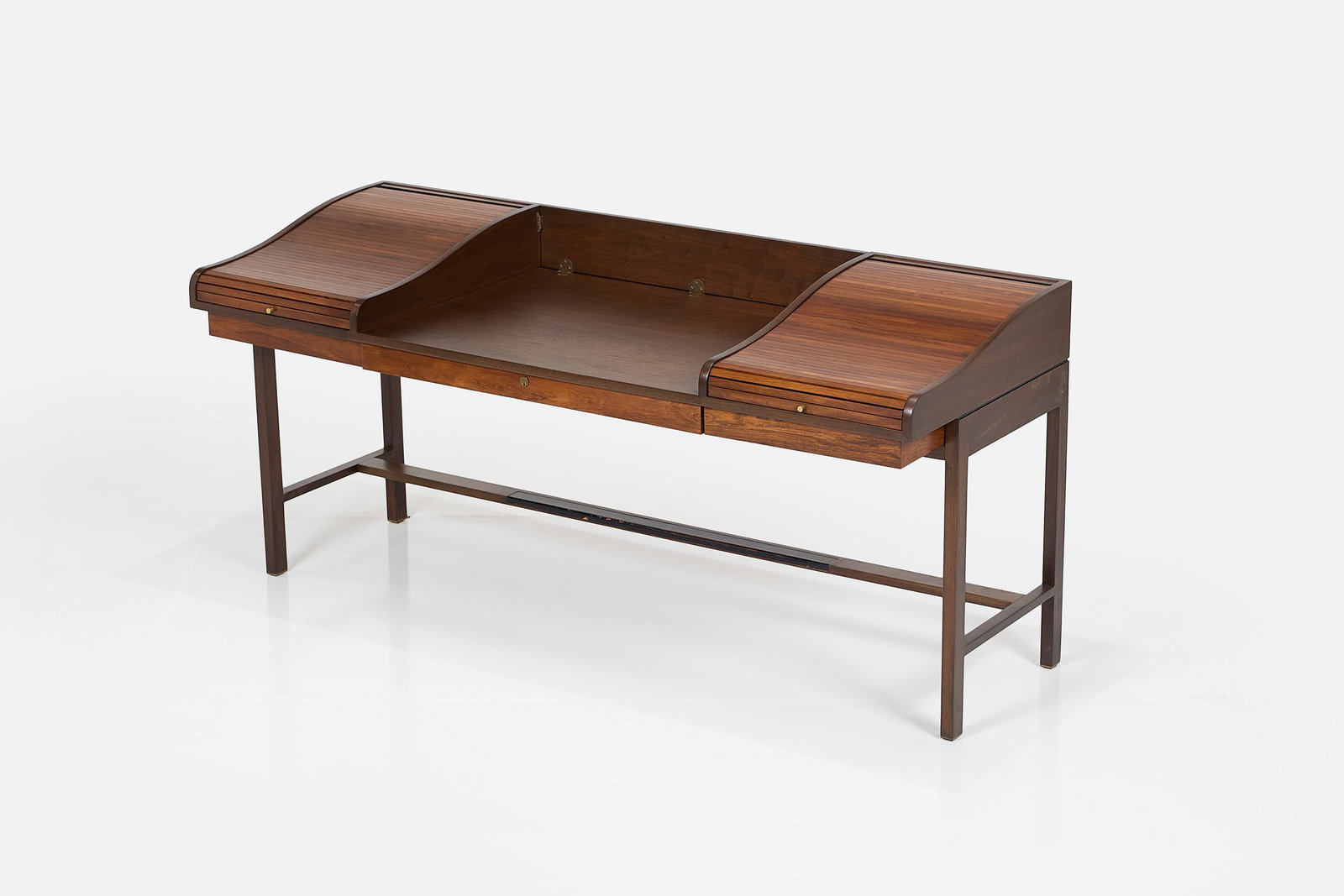 Edward Wormley, Tambour Desk: EDWARD WORMLEY Tambour desk, model 912, ca. 1957 Walnut, brass. Manufactured by Dunbar, USA. 35" H x 74.75" W x 28" D