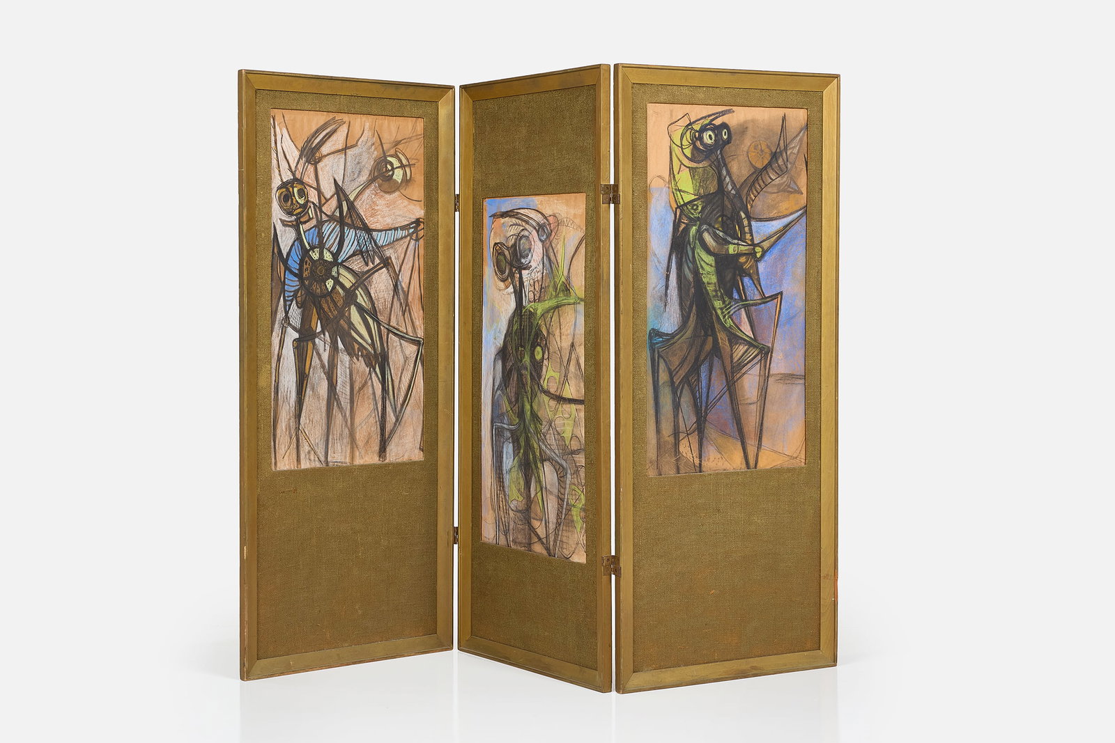 Brutalist, Three-Panel Screen: BRUTALIST Three-panel floor screen, 1970s Painted wood, painted grasscloth, inset charcoal drawings. 63" H x 79" W x 27.25" D 