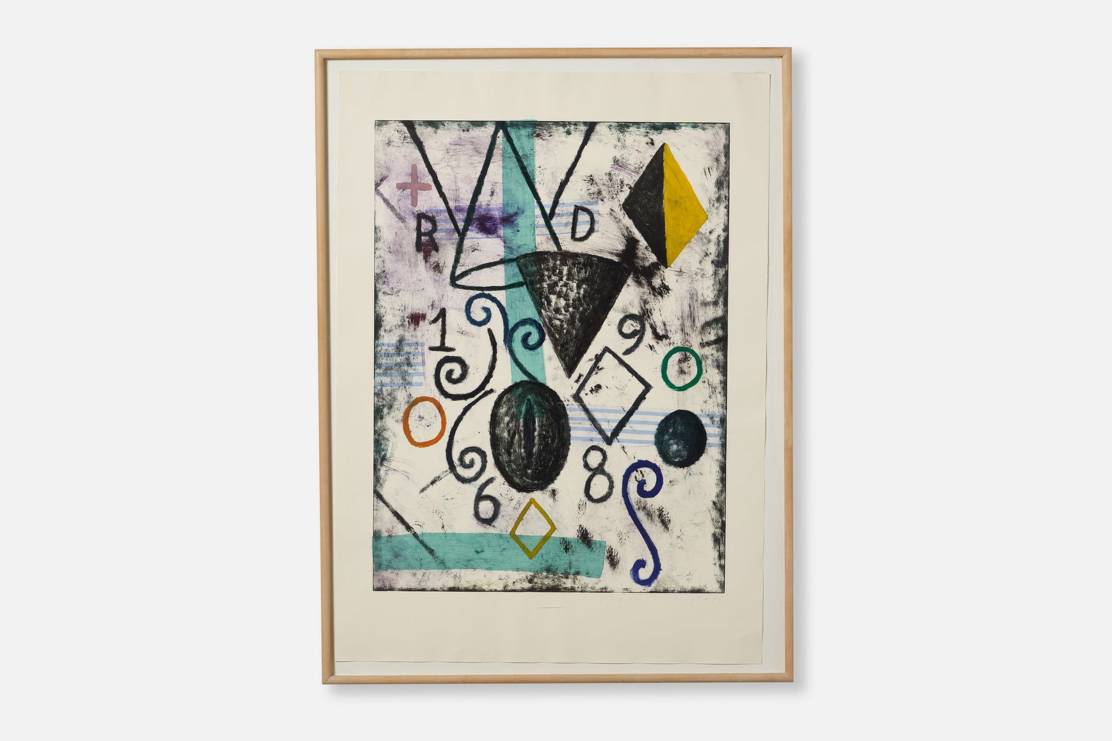 Dan Rizzie, Untitled Abstract Work on Paper: DAN RIZZIE Untitled, 1986 Mixed media on paper. Signed and dated in pencil at lower right. Overall, framed: 57.5" H x 43" W Sheet: 53" H x 38.5" W
