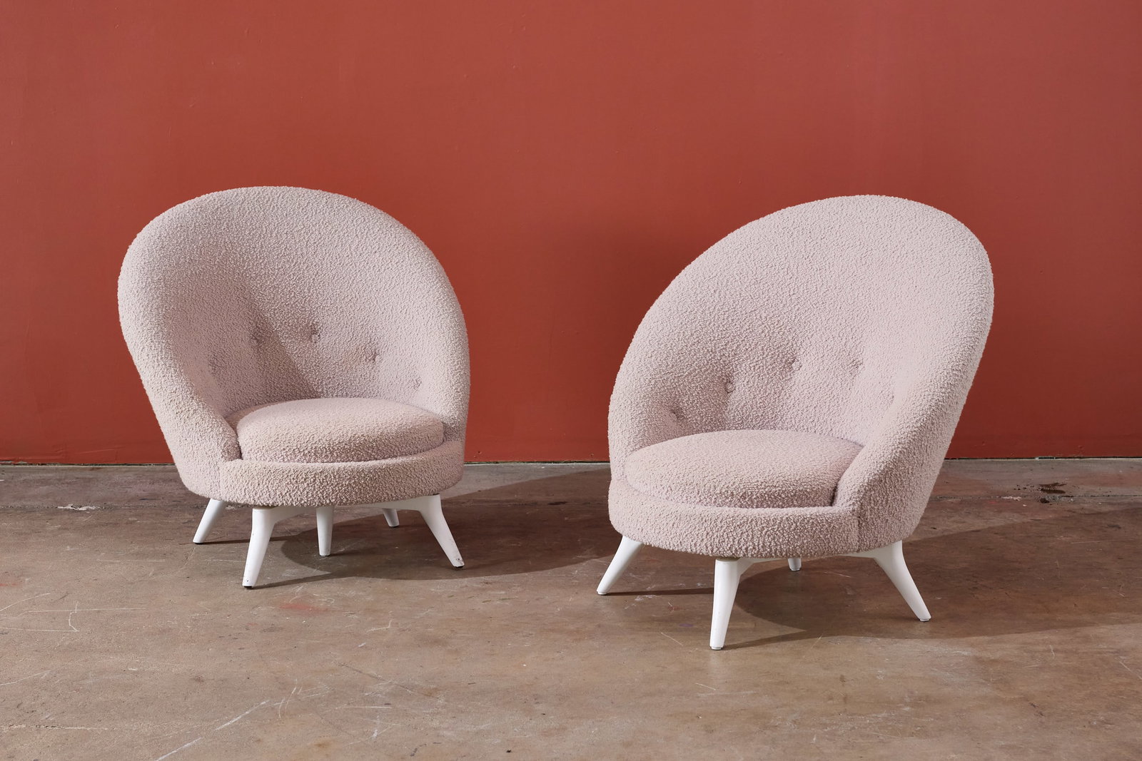ADP Bespoke, Swivelling 'Egg' Lounge Chairs (2): ADM BESPOKE Pair of swivelling 'Egg' chairs, ca. 2014 Boucle, lacquered wood. Produced by ADM Bespoke, USA. Each: 36" H x 35" W x 33" D Seat height: 16.25"
