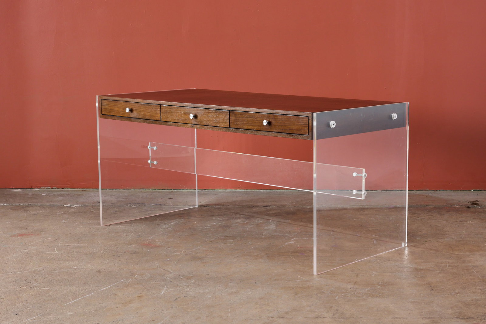 Modern, Acrylic Desk: MODERN Desk, 2010s Walnut, acrylic, stainless steel. 30" H x 64" W x 30" D 