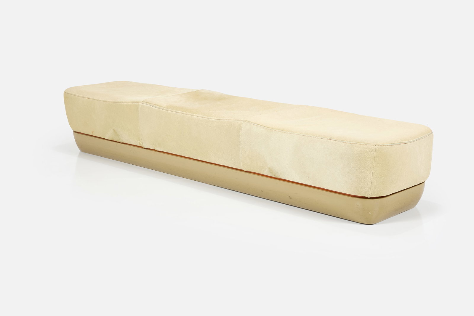 Contemporary, Long Bench: CONTEMPORARY Long bench, 2000s Cowhide, painted wood. 15" H x 92" W x 21" D