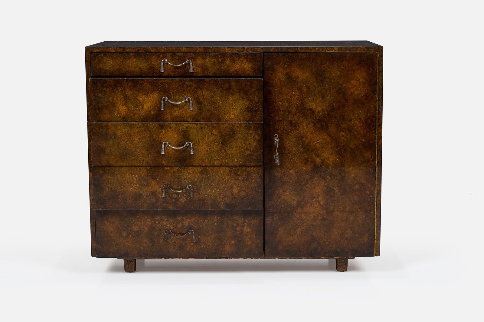 Singer & Sons, Serving Cabinet: SINGER & SONS Serving cabinet, ca. 1940 Mottled tortoiseshell-style lacquer finish over figured veneer, walnut, P.E. Guerin bronze handles. Interior of drawer with producer's label.