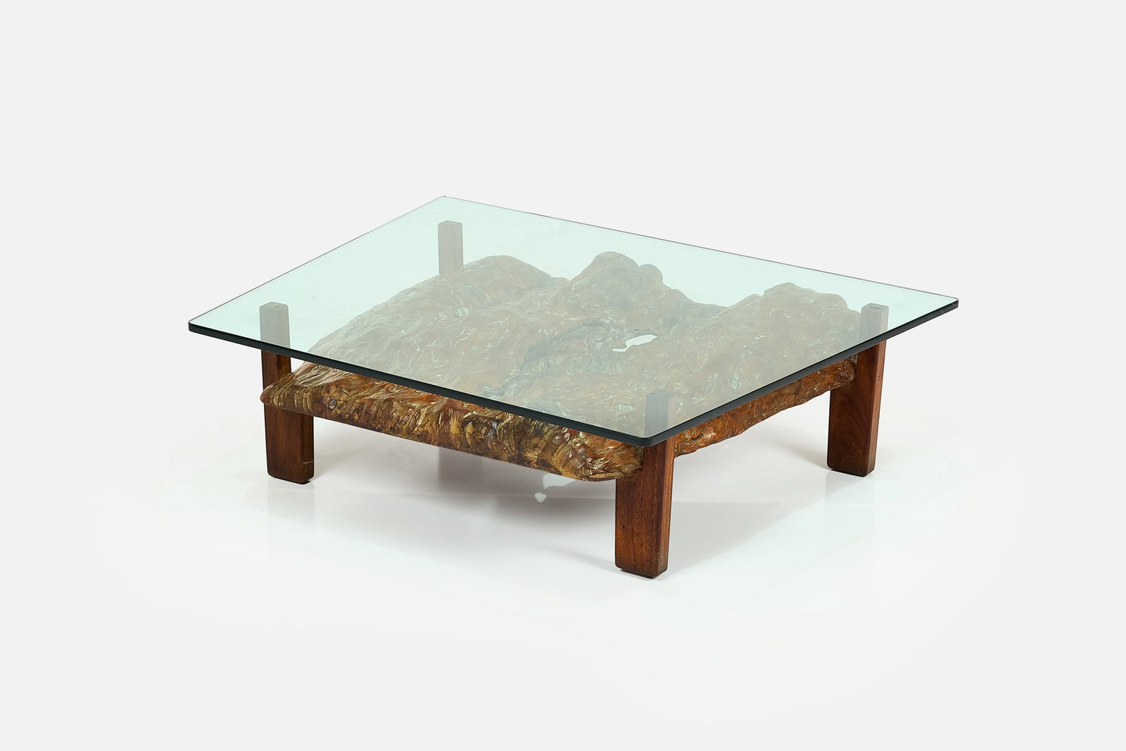 Japanese, Elm Burl Coffee Table: JAPANESE Coffee table, 1962 Elm burl, glass. 16" H x 57" W x 47" D Provenance: Original owners, placed in the home by pioneering interior designer Adele Faulkner Quinn