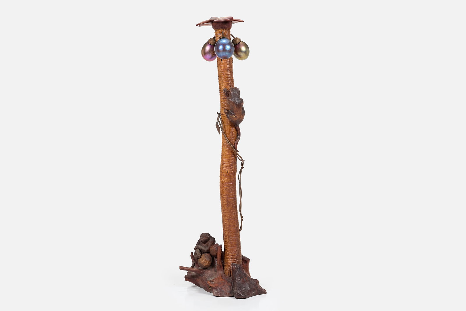John Barber, 'Monkey' Floor Lamp: JOHN BARBER Floor lamp, 1984 Carved wood, blown glass, copper. Glass globes signed "John Barber 84". 74" H x 29" W x 19" D