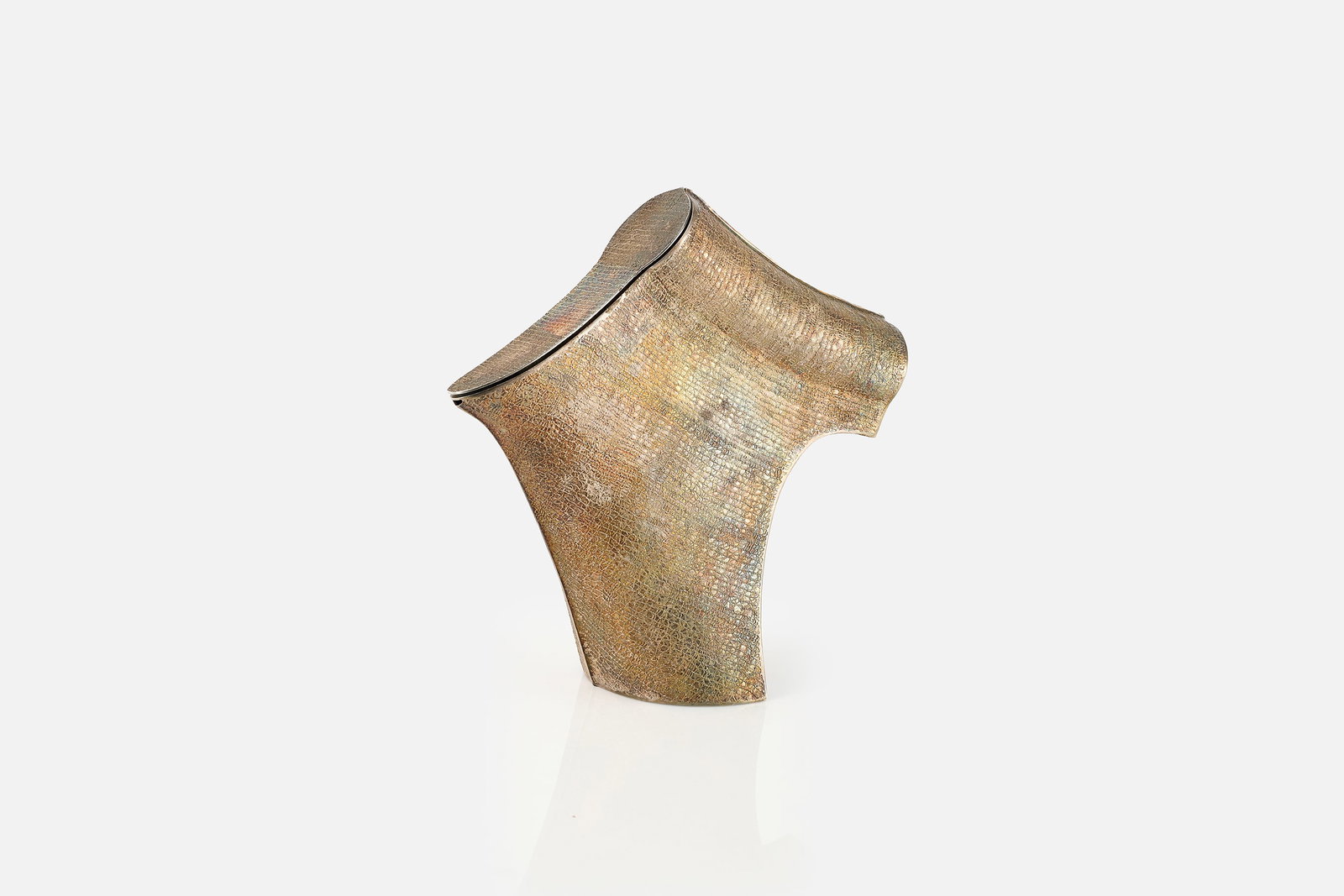 Robert Sunderman, Sculptural Carafe: ROBERT SUNDERMAN Sculptural carafe, 1990 Textured cast metal. Underside incised "Robert Sunderman 1990 10/21". 8" H x 4.25" W x 9" D 