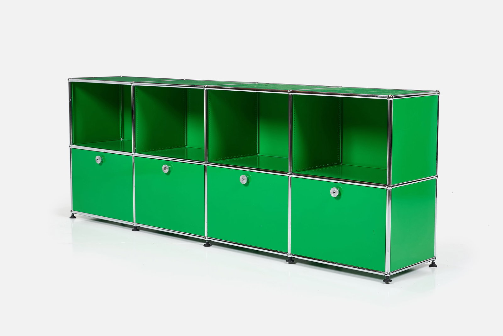 Fritz Haller + Paul Scharer, Low Credenza: FRITZ HALLER + PAUL SCHARER Cabinet, late 20th century Enameled steel, chrome-plated steel. Manufactured by USM Modular Furniture, Switzerland. Manufacturer's decal on upper right corner.