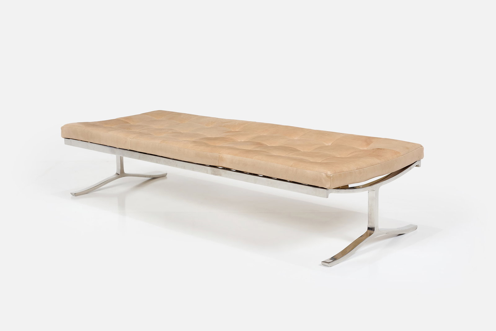 Nicos Zographos, 'Alpha' Bench: NICOS ZAGRAPHOS 'Alpha' bench, ca. 1963 Lambskin, chrome-plated steel. Manufactured by Zographos Designs Ltd., Greece / USA. 16" H x 72" W x 28.5" D 