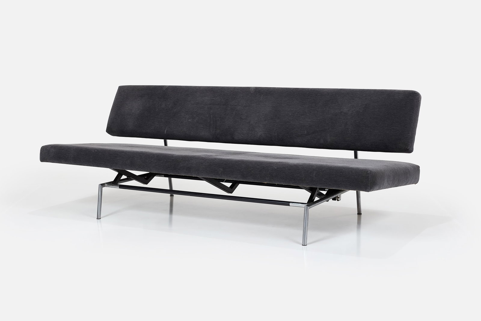 Martin Visser, Convertible Sofa: MARTIN VISSER Convertible sofa/daybed, 1960s Steel, upholstery. Produced by Sprectrum, The Netherlands. 27" H x 77" W x 28" D Seat height: 14" 