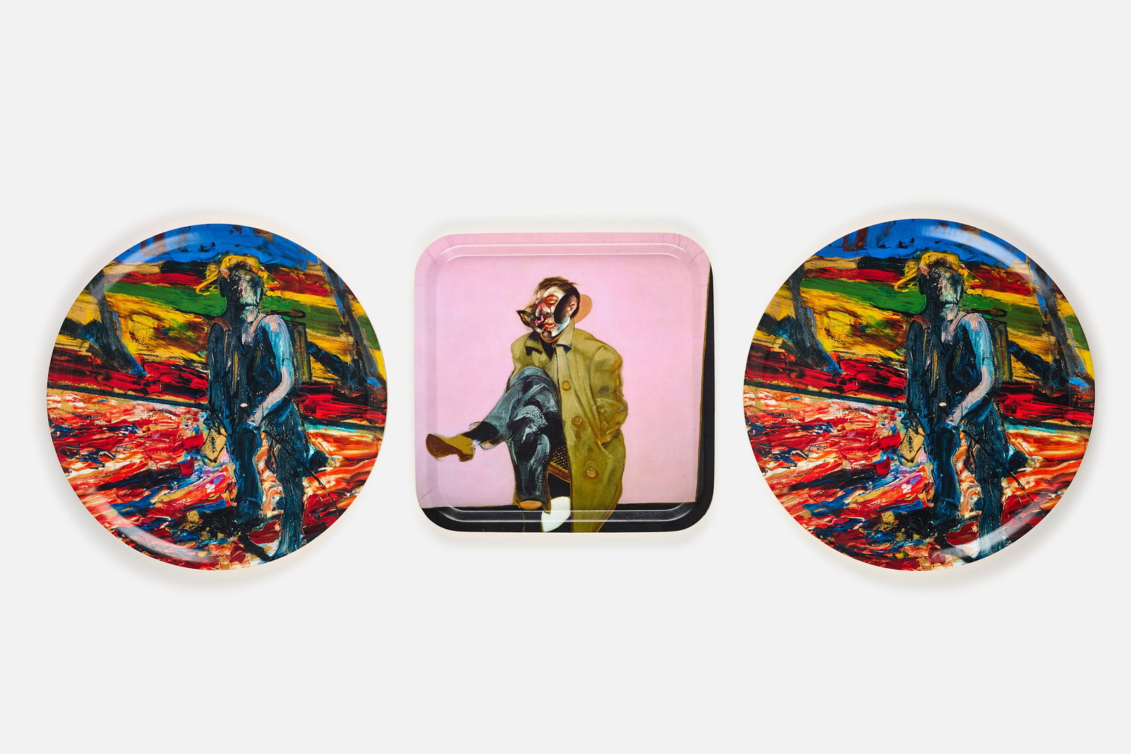 After Francis Bacon, Trays (3): AFTER FRANCIS BACON Set of three trays, 21st century Printed Scandinavian birch plywood. Produced by The Francis Bacon Shop and made in Sweden. Square: 12.5" H x 12.5" W Round: