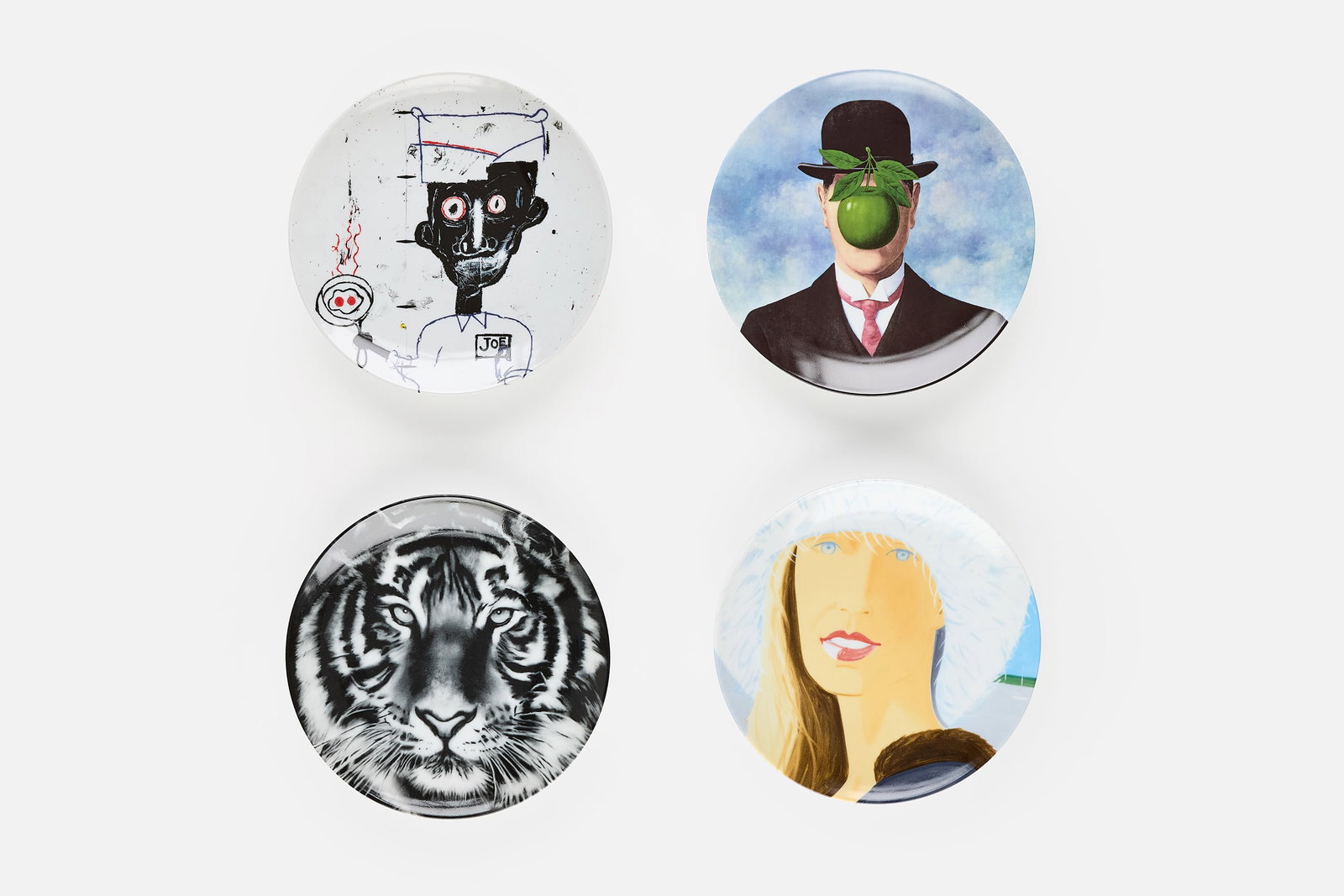 Basquiat, Magritte, Longo, Katz, Artist Plates (4): EAN-MICHEL BASQUIAT, RENE MAGRITTE, ALEX KATZ + ROBERT LONGO Plates, 21st century Limoges porcelain. Produced by Ligne Blanche, France. Each printed with artist's signature, title, and producer