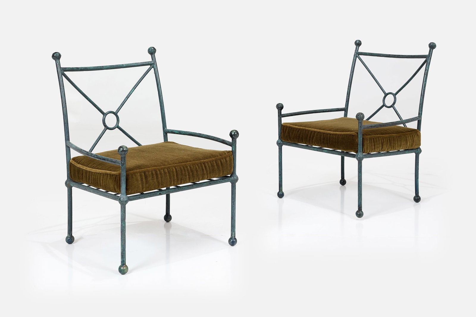 Diego Giacometti Style, Lounge Chairs (2): DIEGO GIACOMETTI STYLE Pair of chairs, 1980s Patinated aluminum, velvet. Each: 32.25" H x 23.75" W x 24" D Seat height: 16" 