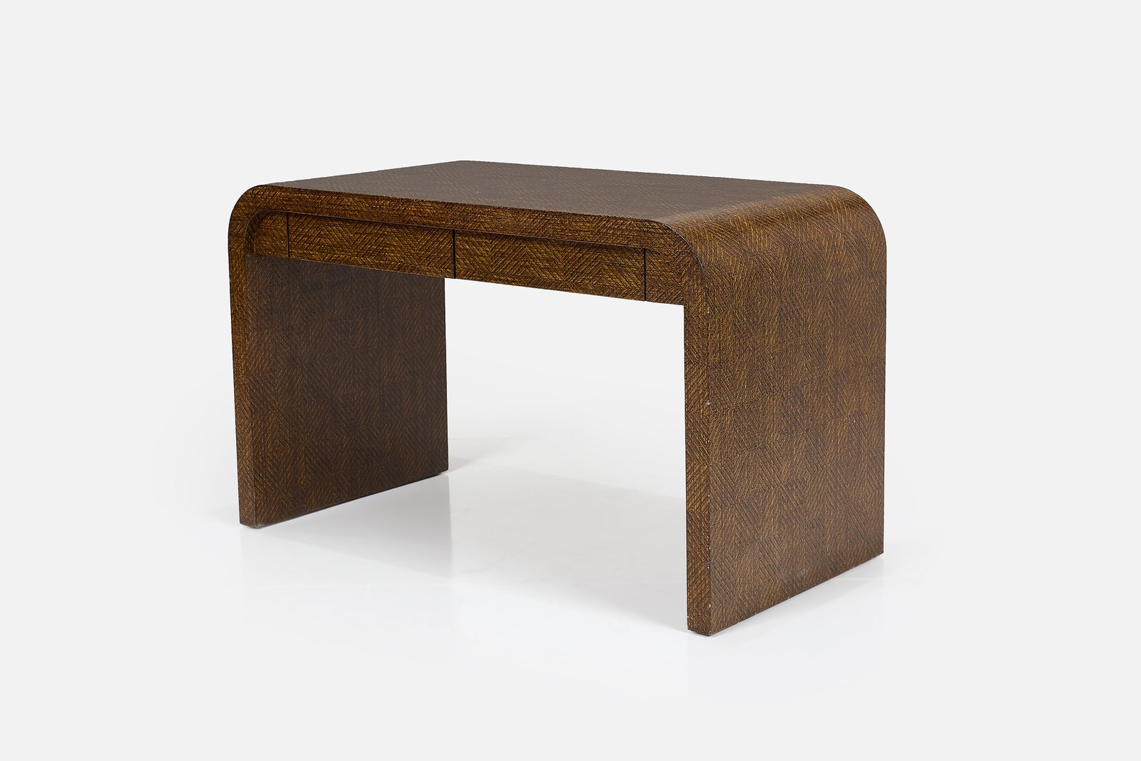 Karl Springer, 'Waterfall' Desk: KARL SPRINGER 'Waterfall' desk, 1980s Lacquered grasscloth, oak. 29.5" H x 48" W x 24" D 