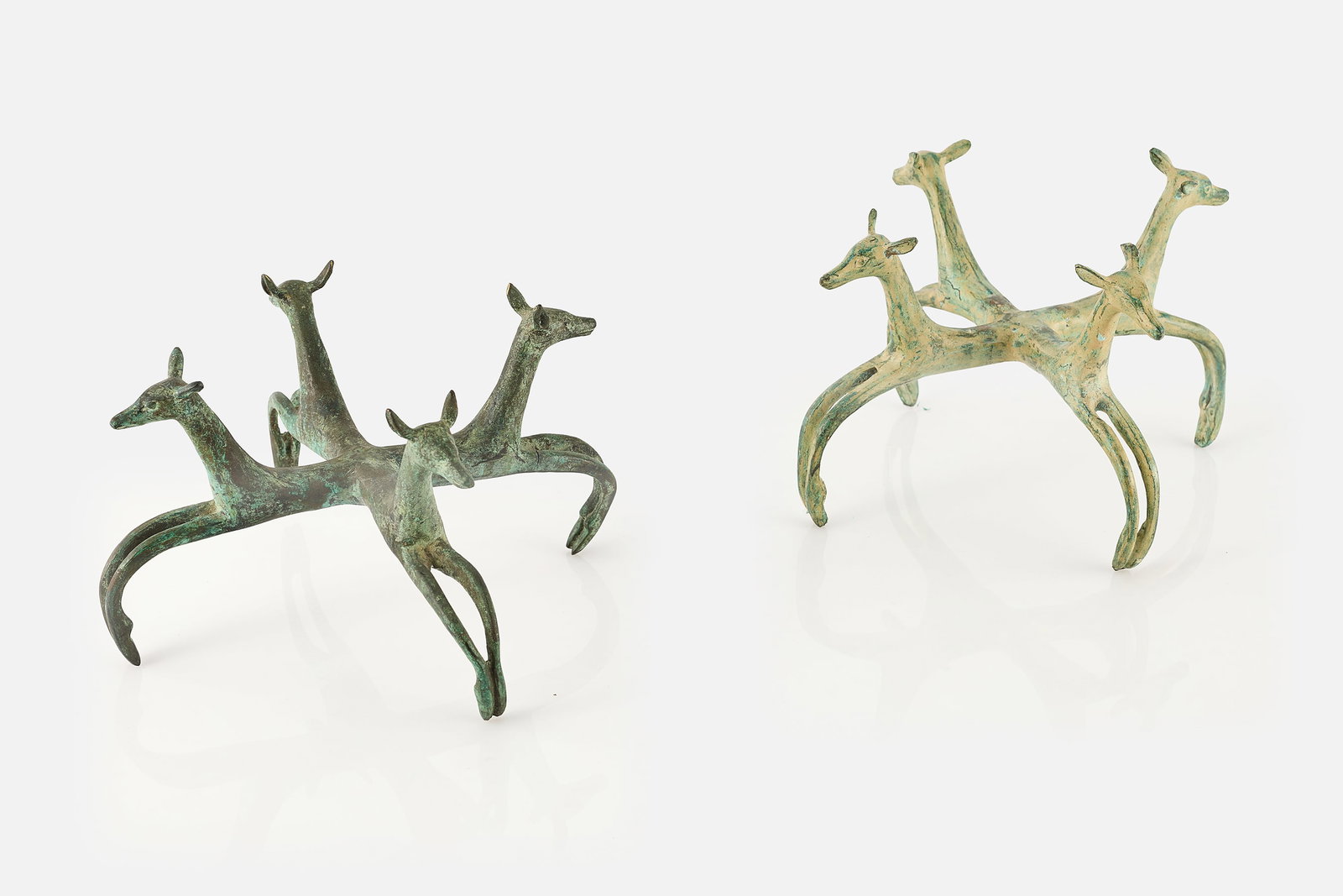 Armand-Albert Rateau Style, Bronze Stands (2): ARMAND-ALBERT RATEAU STYLE Pair of stands, 1980s Patinated bronze. 7" H x 10" W x 10" D