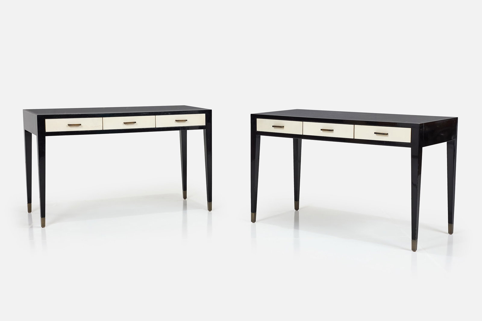 Michael S. Smith, Consoles (2): MICHAEL S. SMITH Pair of consoles, 2020s Lacquered wood, bronze. Custom-made, USA. Each: 29.5" H x 48" W x 21" D