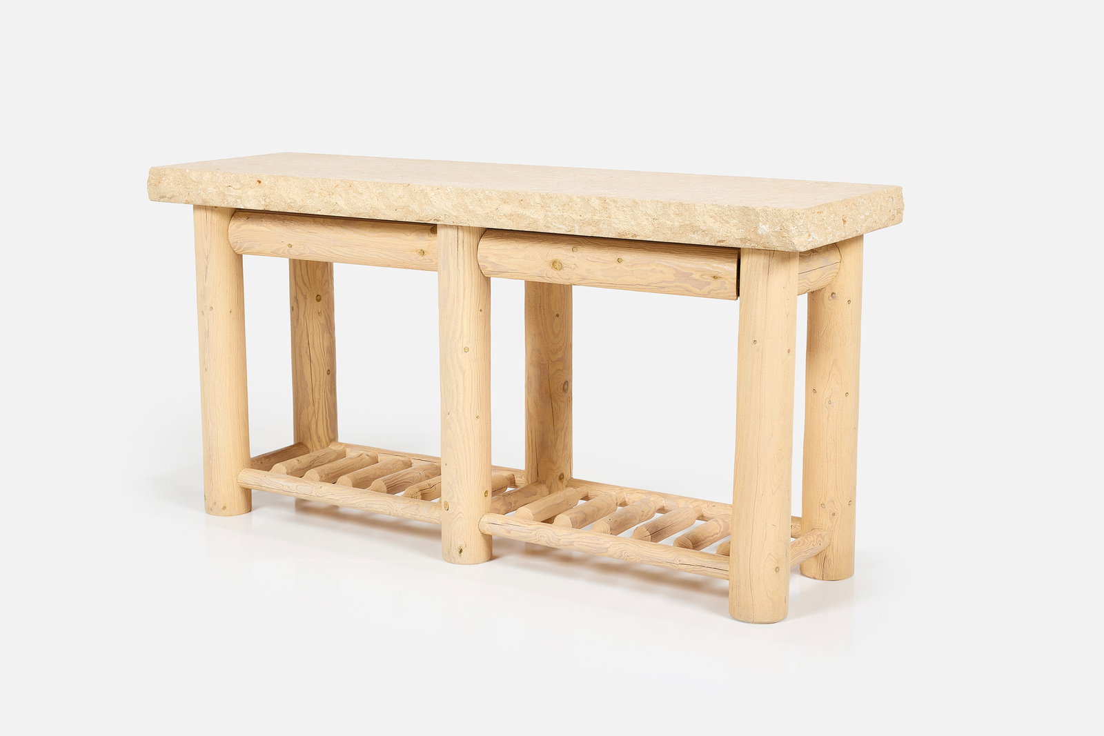 Micheal Taylor Style, Console Table: MICHAEL TAYLOR STYLE Console table, 1980s Whitewashed pine. 30" H x 61" W x 18" 