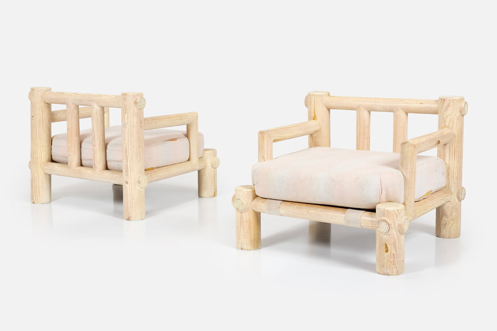 Michael Taylor Style, Lounge Chairs (2): MICHAEL TAYLOR STYLE Pair of lounge chairs, 1980s Whitewashed pine, canvas, fabric. Each: 29" H x 36" W x 33" D Seat height: 17", including cushion 