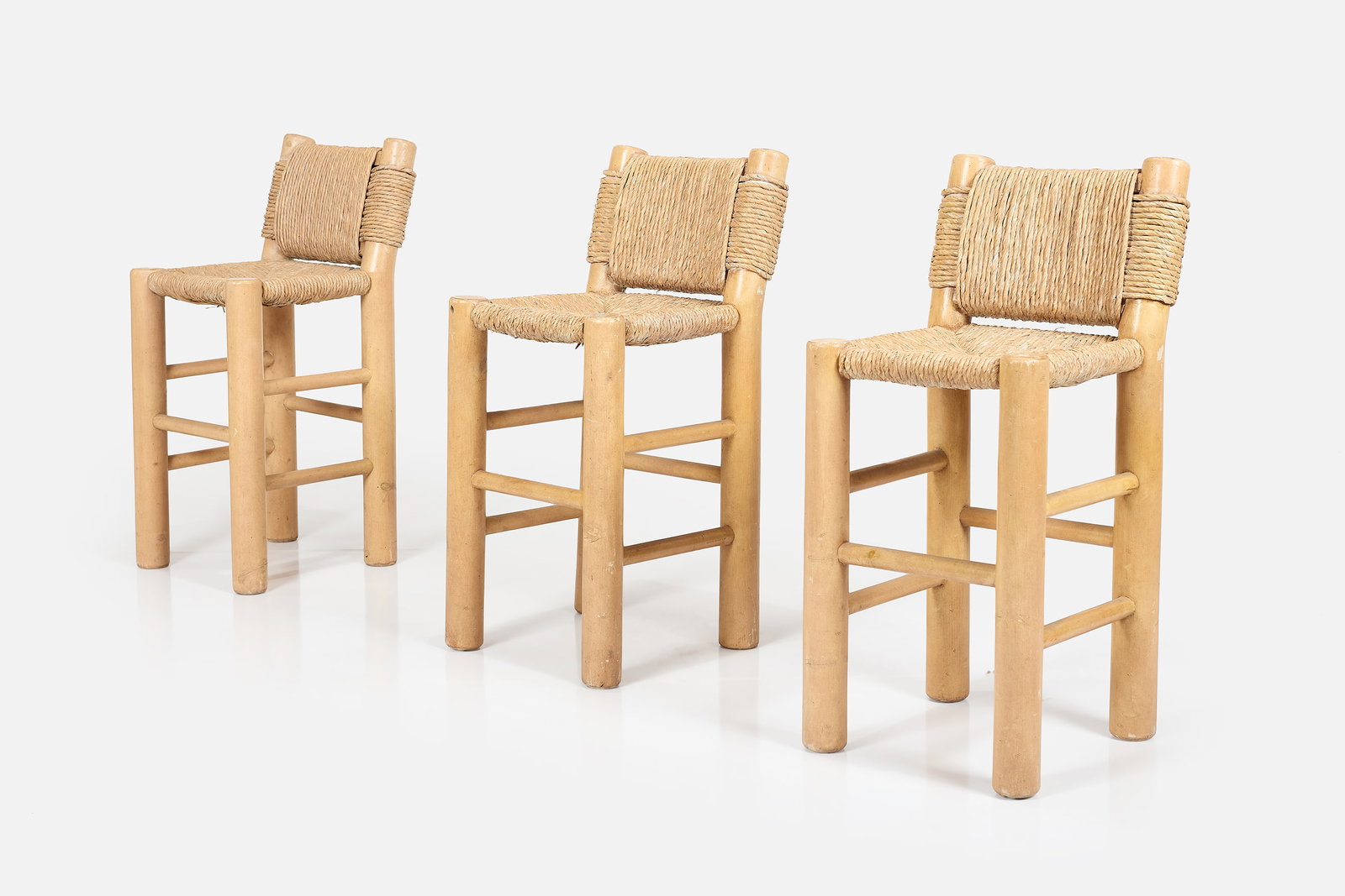 Michael Taylor Style, Barstools (3): MICHAEL TAYLOR STYLE Set of three barstools, 1980s Painted pine, woven rush. Made in the USA. Each: 42" H x 19" W x 21.5" D Seat height: 29" 