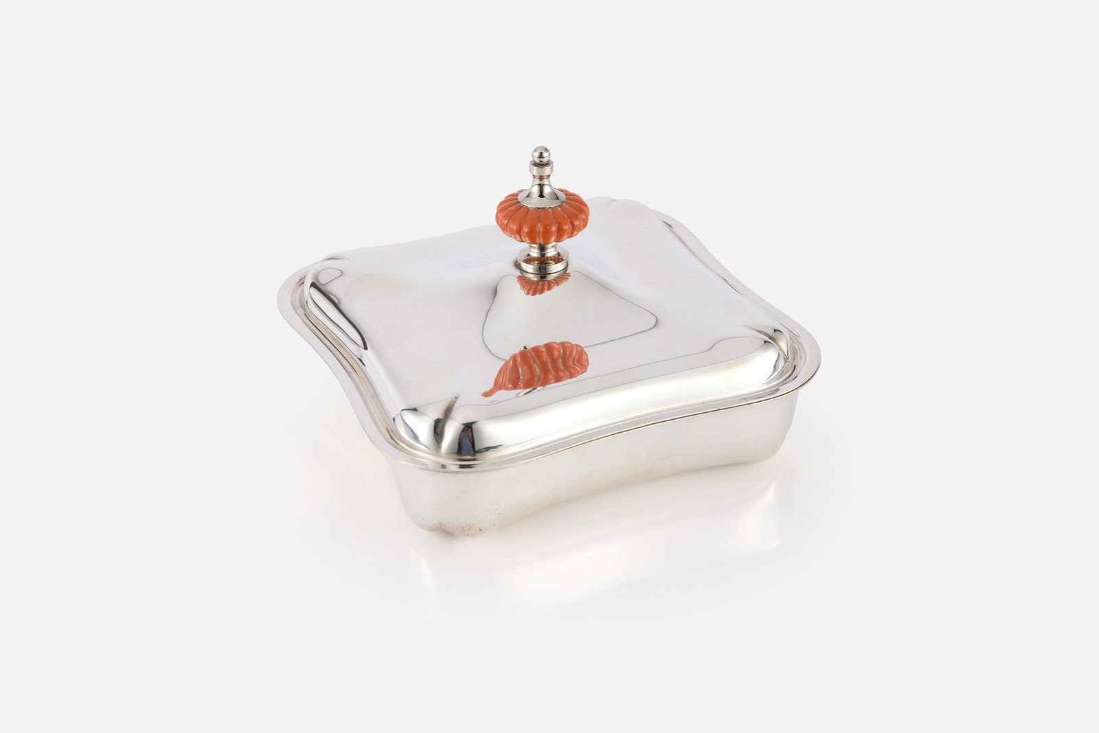 Christian Dior, Lidded Box: CHRISTIAN DIOR Lidded box, 1960s Silverplate, celluloid. Produced in Italy. Lip of box impressed "CHRISTIAN DIOR". 5" H x 7.75" W x 7.75" D 