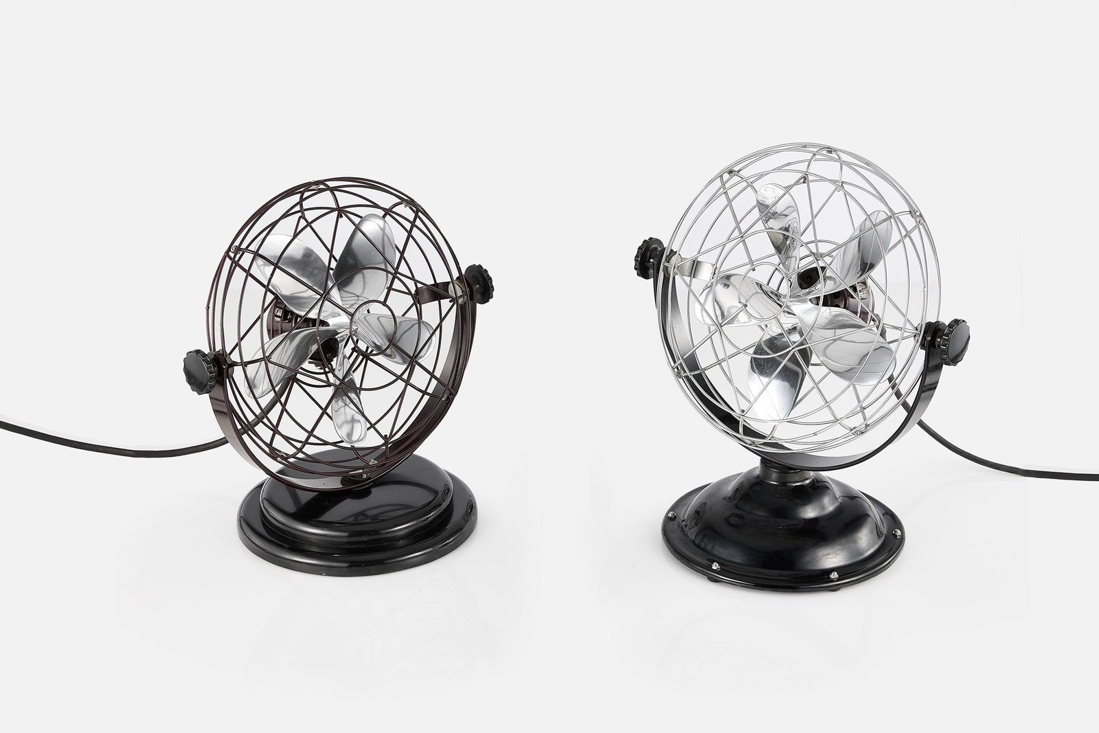 Max Weber, Roto-Beam Table Fans (2): MAX WEBER Two table fans, 1940s Steel, chromed steel, cast aluminum, bakelite. Produced by Roto-Beam Corp., Chicago, IL. Considered one of the earliest modern fans. Blade design is highly efficient