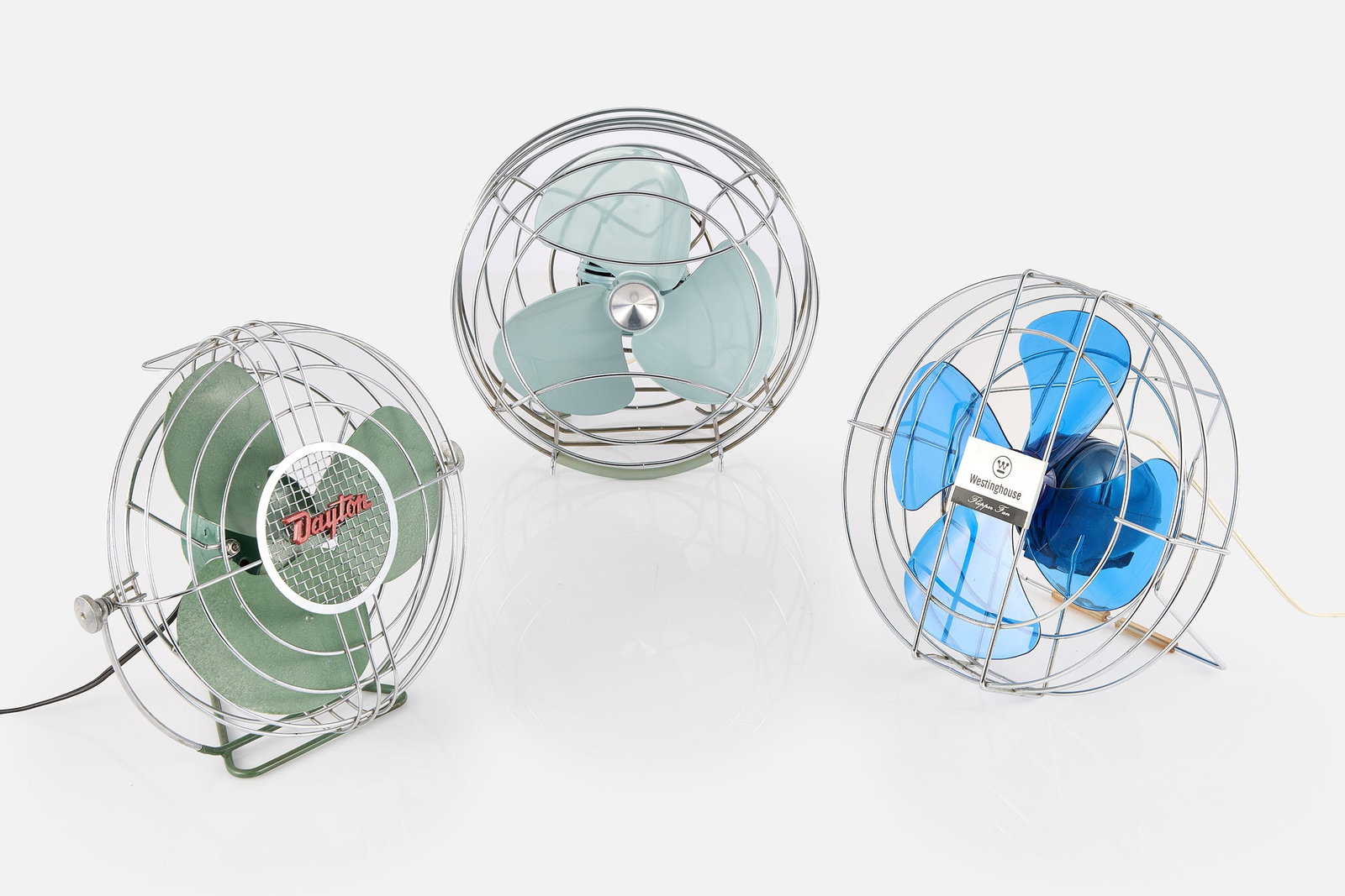 Modern, Table Fans (3): MODERN Group of three fans, 1950s Includes: Westinghouse multi-directional 'Flipper' fan, Dayton table fan, and Westinghouse multi-directional table fan. Steel, aluminum, acrylic. 