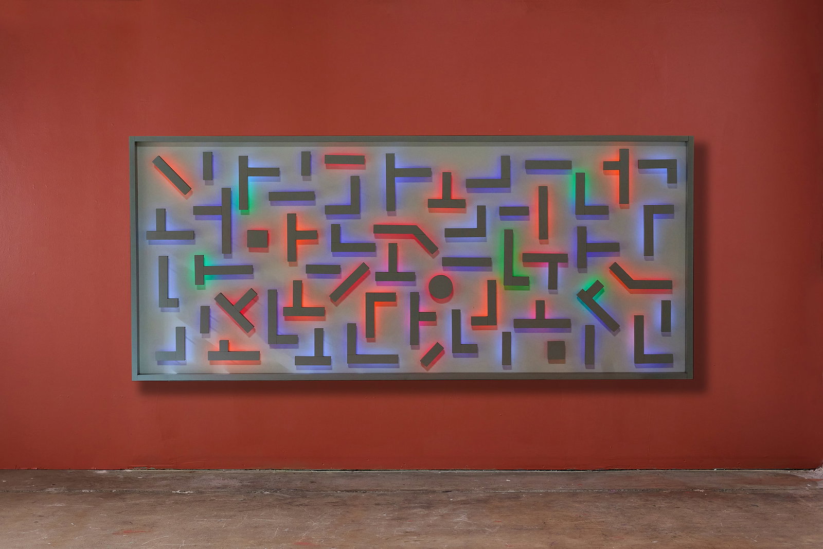 Russell Forester, Untitled Wall-Mounted Light Sculpture: RUSSELL FORESTER Untitled (588-106), 1988 Plastic laminate over wood, LED lights. Signed, numbered, and dated. 37" H x 85.25" W x 4.75" D 