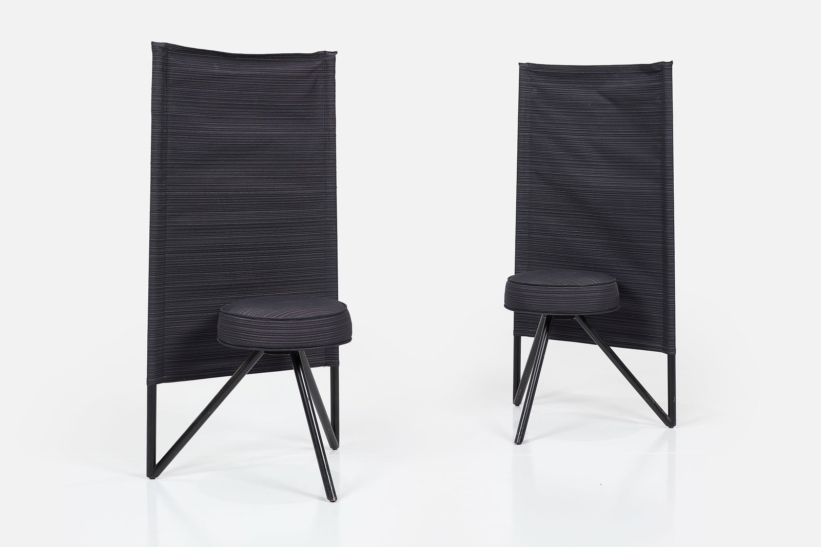Philippe Starck, 'Miss Wirt' Chairs (2): PHILIPPE STARCK Pair of 'Miss Wirt' chairs, 1982 Fabric, lacquered tubular metal. Manufactured by Disform, Spain. Each: 45" H x 21.75" W x 14.75" D Seat height: