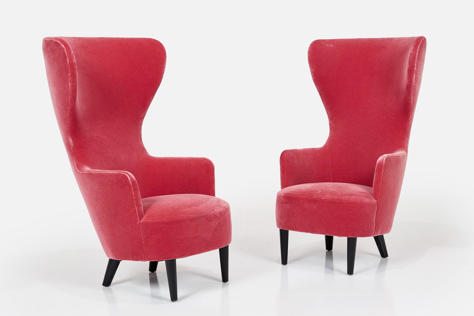 Tom Dixon, 'Wingback' Chairs (2): TOM DIXON Pair of 'Wingback' chairs, 21st century Velvet, lacquered wood. Produced by Tom Dixon Studio, UK. Each: 50.5" H x 29" W x 38.25" D Seat height: 15" 
