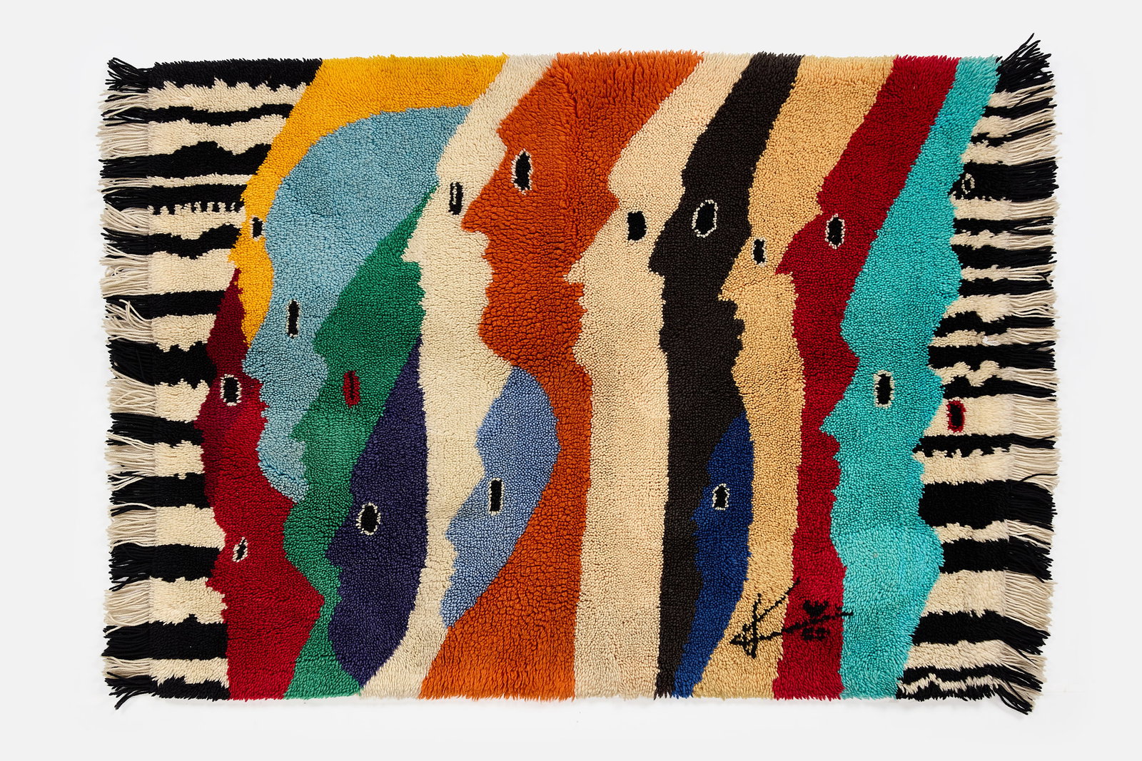Abstract, Tapestry/Rug: ABSTRACT Rug/tapestry Yarn. Signed in the weave and with a "RUGS/RHODES" fabric label. 50" H x 37" W