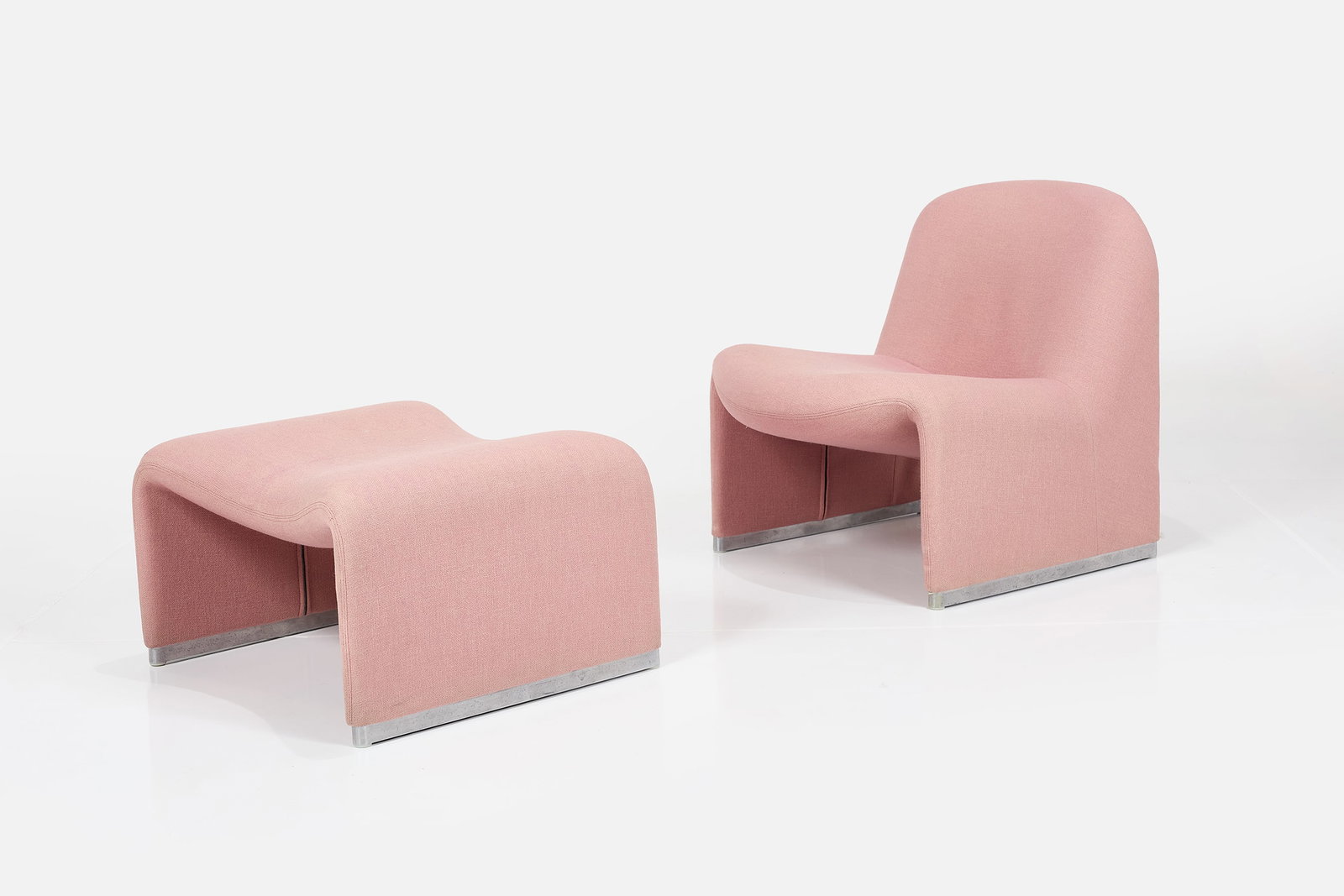 Giancarlo Piretti, 'Alky' Chair + Ottoman (2): GIANCARLO PIRETTI 'Alky' lounge chair and ottoman, 1980s Fabric, steel. Manufactured by Artifort, The Netherlands. Chair: 29" H x 25.5" W x 31" D Seat height: