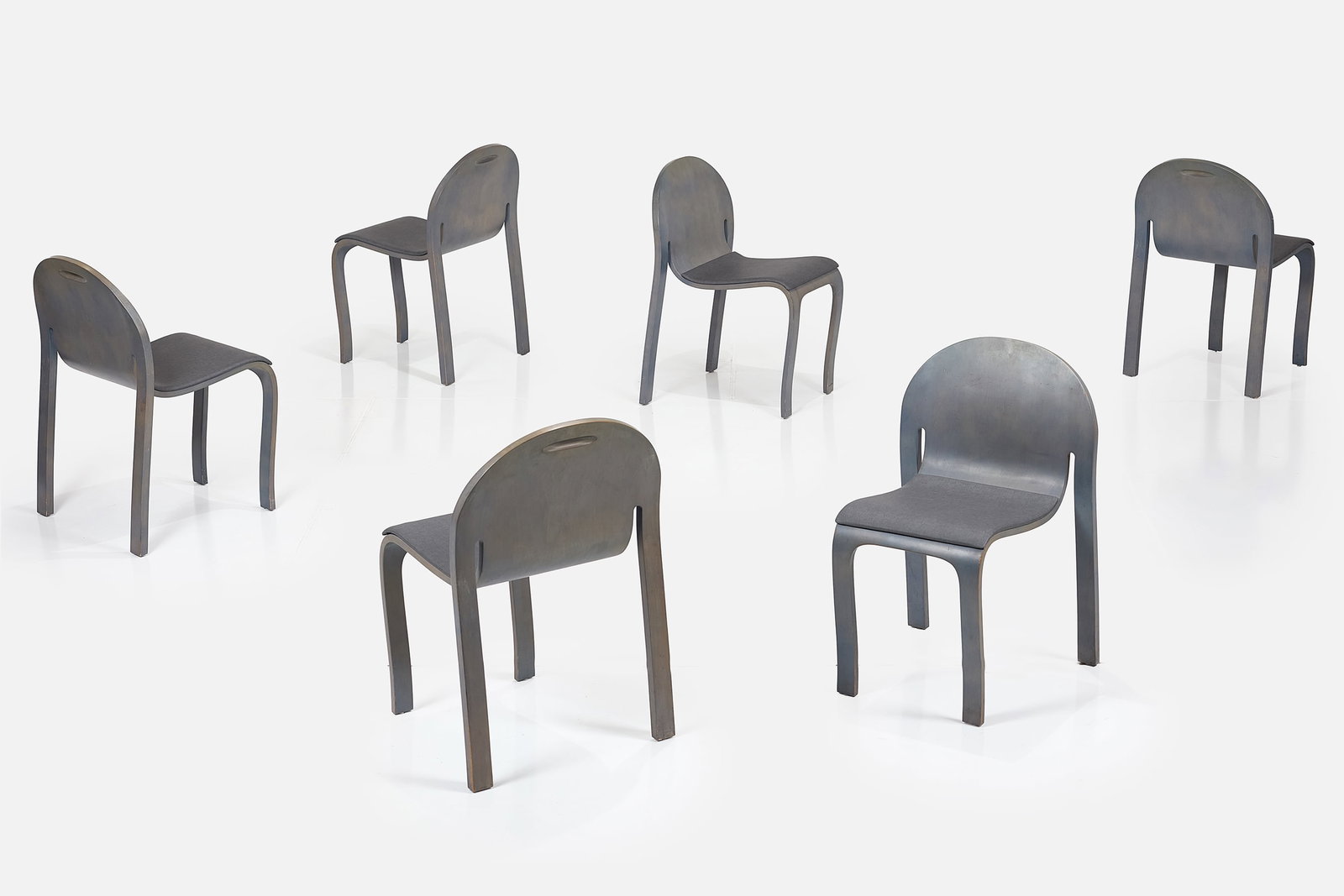 Peter Danko, 'Bodyform' Chairs (6): PETER DANKO Set of six 'Bodyform' chairs, ca. 1980 Lacquered molded plywood, Knoll 'Smart' fabric. Manufactured by Peter Danko and Associates, Inc., USA. Underside of each with